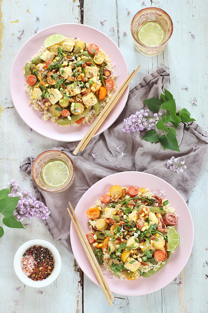 Spring Vegetable Stirfry with Coconut Ginger Tofu (Wild Rose D-Tox Friendly!) // JustineCelina.com #sponsored