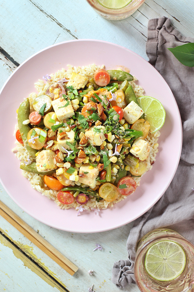 Spring Vegetable Stirfry with Coconut Ginger Tofu (Wild Rose D-Tox Friendly!) // JustineCelina.com #sponsored