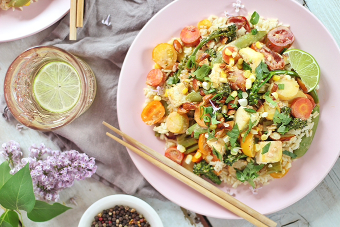 Spring Vegetable Stirfry with Coconut Ginger Tofu (Wild Rose D-Tox Friendly!) // JustineCelina.com #sponsored