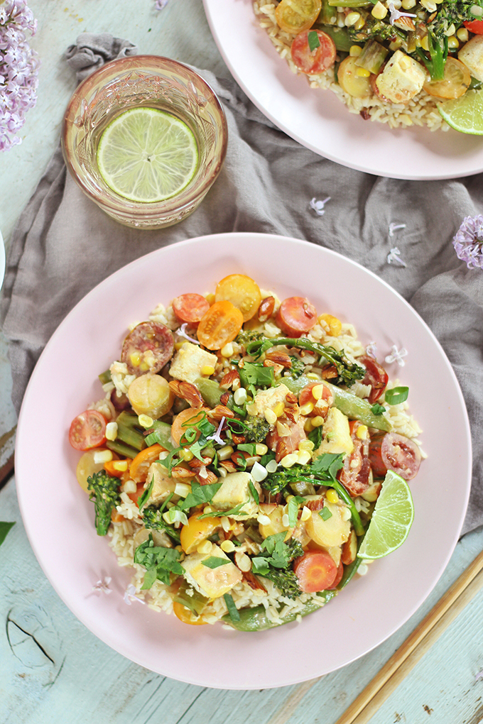 Spring Vegetable Stirfry with Coconut Ginger Tofu (Wild Rose D-Tox Friendly!) // JustineCelina.com #sponsored