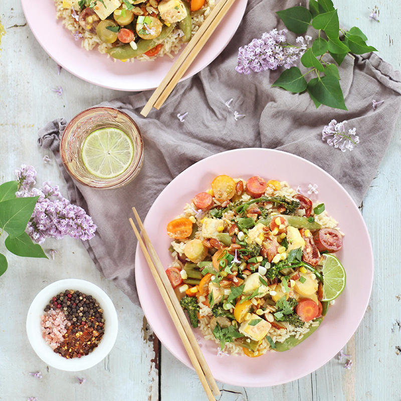 Spring Vegetable Stirfry with Coconut Ginger Tofu (Wild Rose D-Tox Friendly!) // JustineCelina.com #sponsored