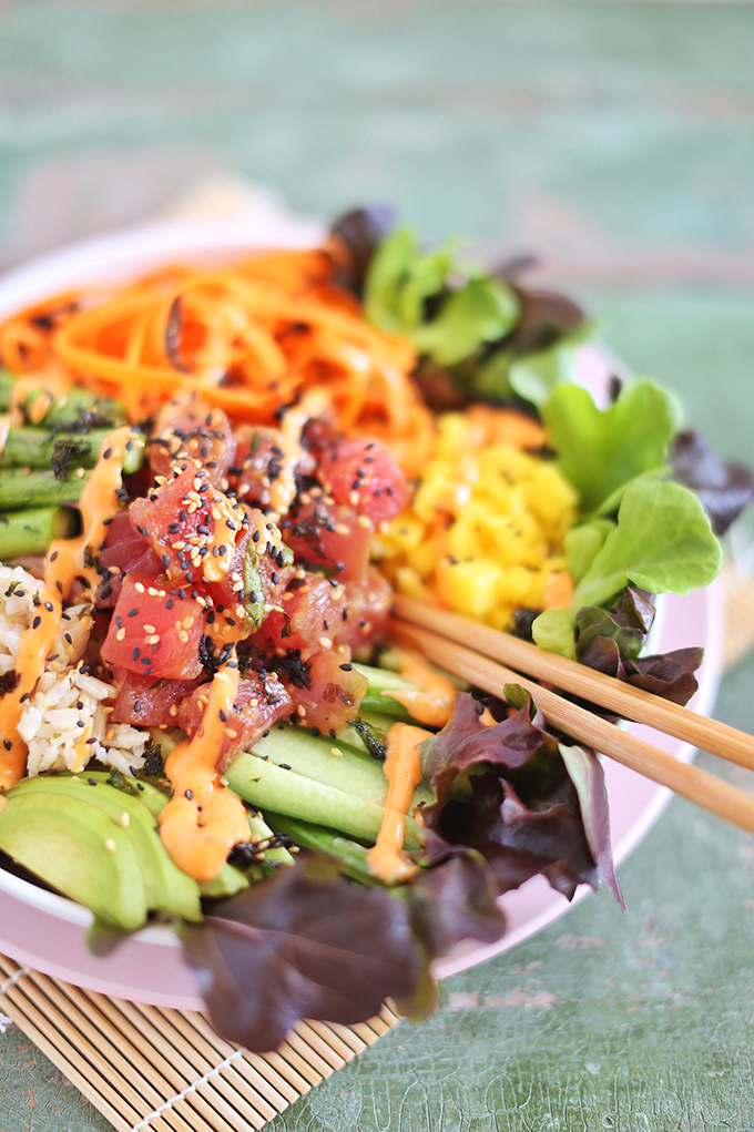 Ahi Tuna Poke Bowl with Citrus Ponzu & Sriracha Aioli | #sponsored by Inspired Greens #dairyfree #glutenfree #sustainable // JustineCelina.com