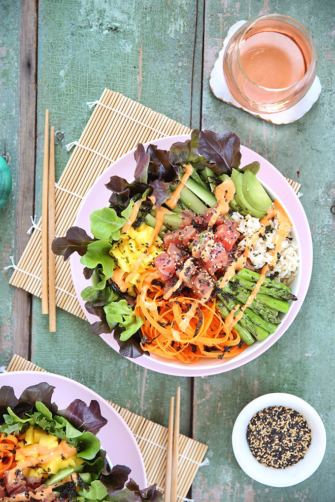 Ahi Tuna Poke Bowl with Citrus Ponzu & Sriracha Aioli | #sponsored by Inspired Greens #dairyfree #glutenfree #sustainable // JustineCelina.com