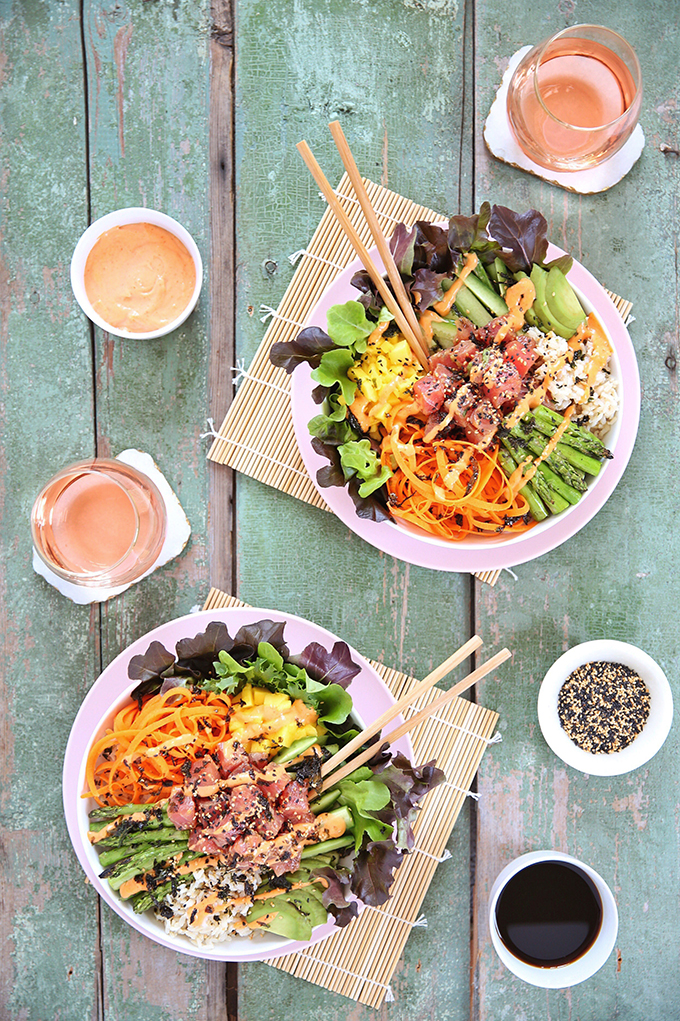 Ahi Tuna Poke Bowl with Citrus Ponzu & Sriracha Aioli | #sponsored by Inspired Greens #dairyfree #glutenfree #sustainable // JustineCelina.com