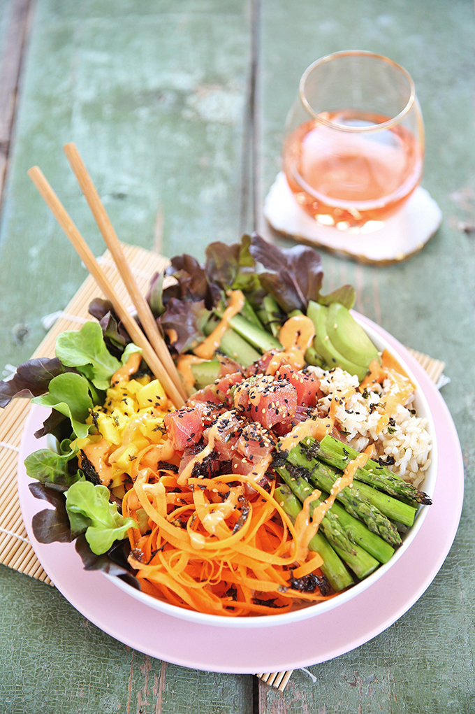 Ahi Tuna Poke Bowl with Citrus Ponzu & Sriracha Aioli | #sponsored by Inspired Greens #dairyfree #glutenfree #sustainable // JustineCelina.com