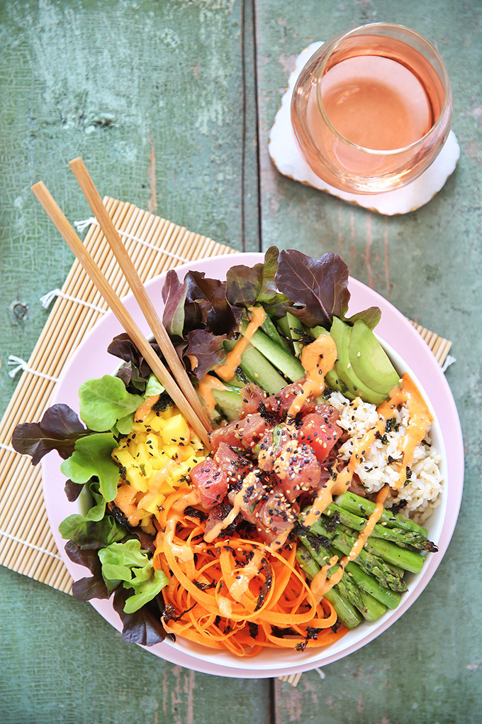 Ahi Tuna Poke Bowl with Citrus Ponzu & Sriracha Aioli | #sponsored by Inspired Greens #dairyfree #glutenfree #sustainable // JustineCelina.com