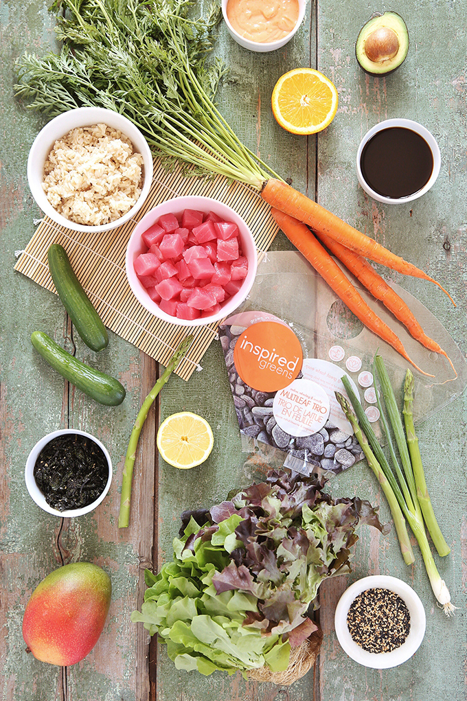 Ahi Tuna Poke Bowl with Citrus Ponzu & Sriracha Aioli | #sponsored by Inspired Greens #dairyfree #glutenfree #sustainable // JustineCelina.com