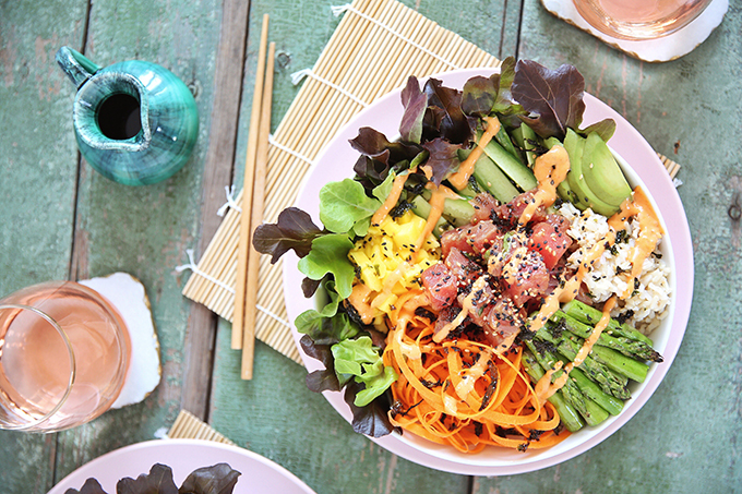 Ahi Tuna Poke Bowl with Citrus Ponzu & Sriracha Aioli | #sponsored by Inspired Greens #dairyfree #glutenfree #sustainable // JustineCelina.com