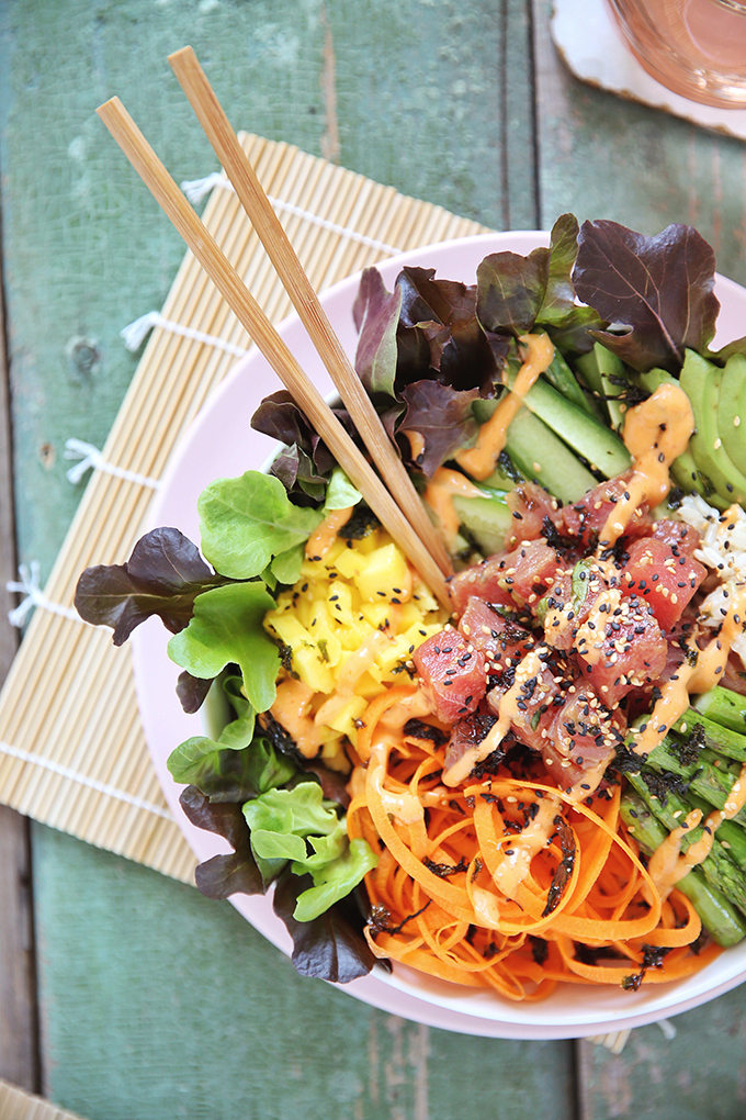 Ahi Tuna Poke Bowl with Citrus Ponzu & Sriracha Aioli | #sponsored by Inspired Greens #dairyfree #glutenfree #sustainable // JustineCelina.com