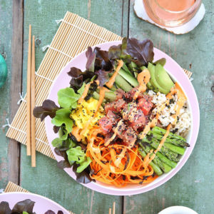 Ahi Tuna Poke Bowl with Citrus Ponzu & Siracha Aioli | #sponsored by @inspiredleafygreens #dairyfree #glutenfree #sustainable // JustineCelina.com