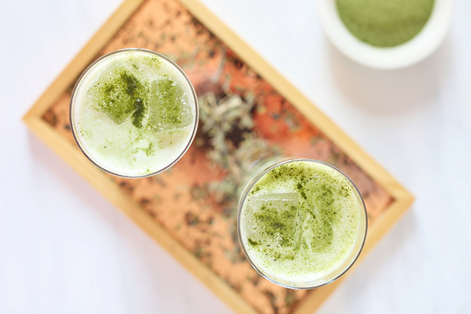 Iced Coconut Ginger Matcha Lattes | #Sponsored by Kiwami Greens // JustineCelina.com #vegan #glutenfree #refinedsugarfree