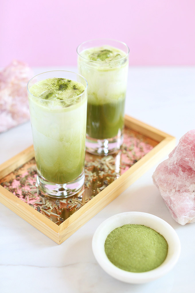 Iced Coconut Ginger Matcha Lattes | #Sponsored by Kiwami Greens // JustineCelina.com #vegan #glutenfree #refinedsugarfree