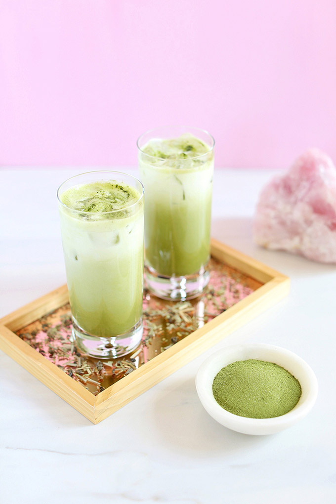 Iced Coconut Ginger Matcha Lattes | #Sponsored by Kiwami Greens // JustineCelina.com #vegan #glutenfree #refinedsugarfree