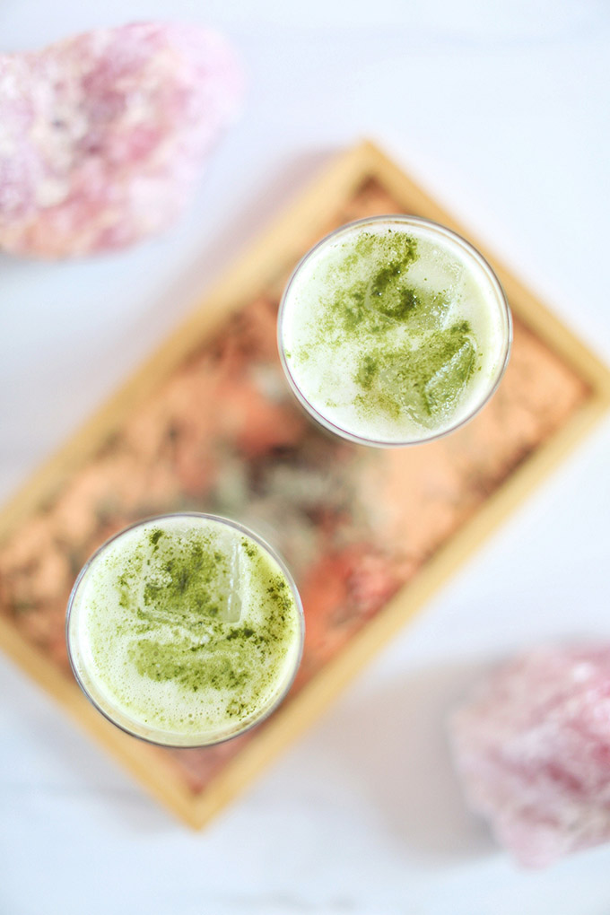 Iced Coconut Ginger Matcha Lattes | #Sponsored by Kiwami Greens // JustineCelina.com #vegan #glutenfree #refinedsugarfree