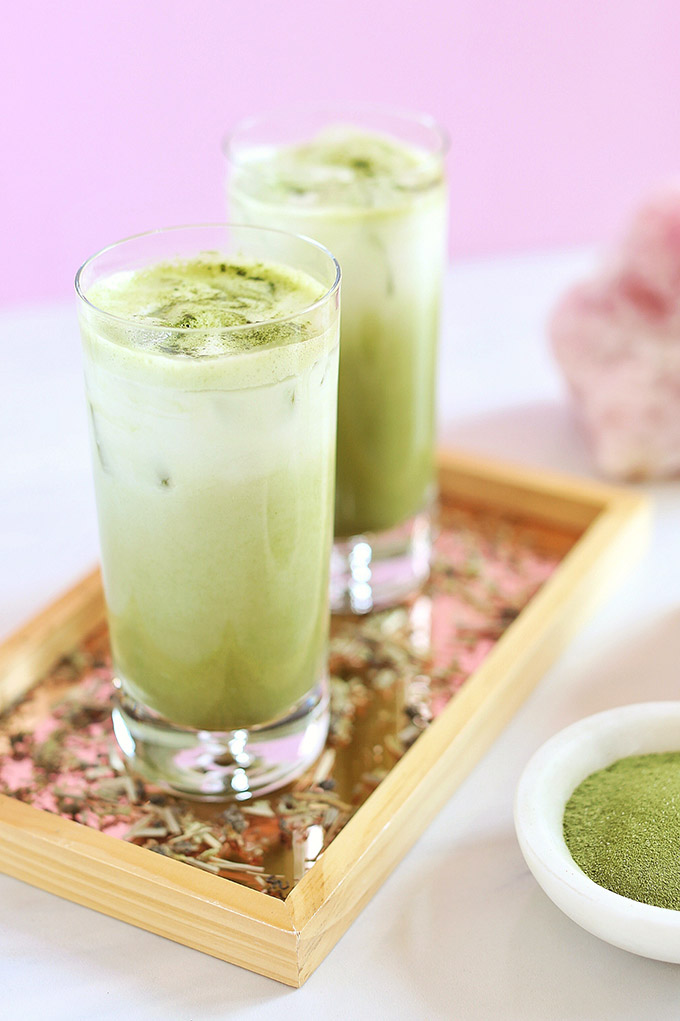 Iced Coconut Ginger Matcha Lattes | #Sponsored by Kiwami Greens // JustineCelina.com #vegan #glutenfree #refinedsugarfree