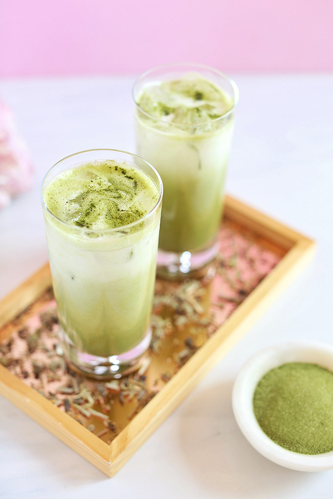 Iced Coconut Ginger Matcha Lattes | #Sponsored by Kiwami Greens // JustineCelina.com #vegan #glutenfree #refinedsugarfree