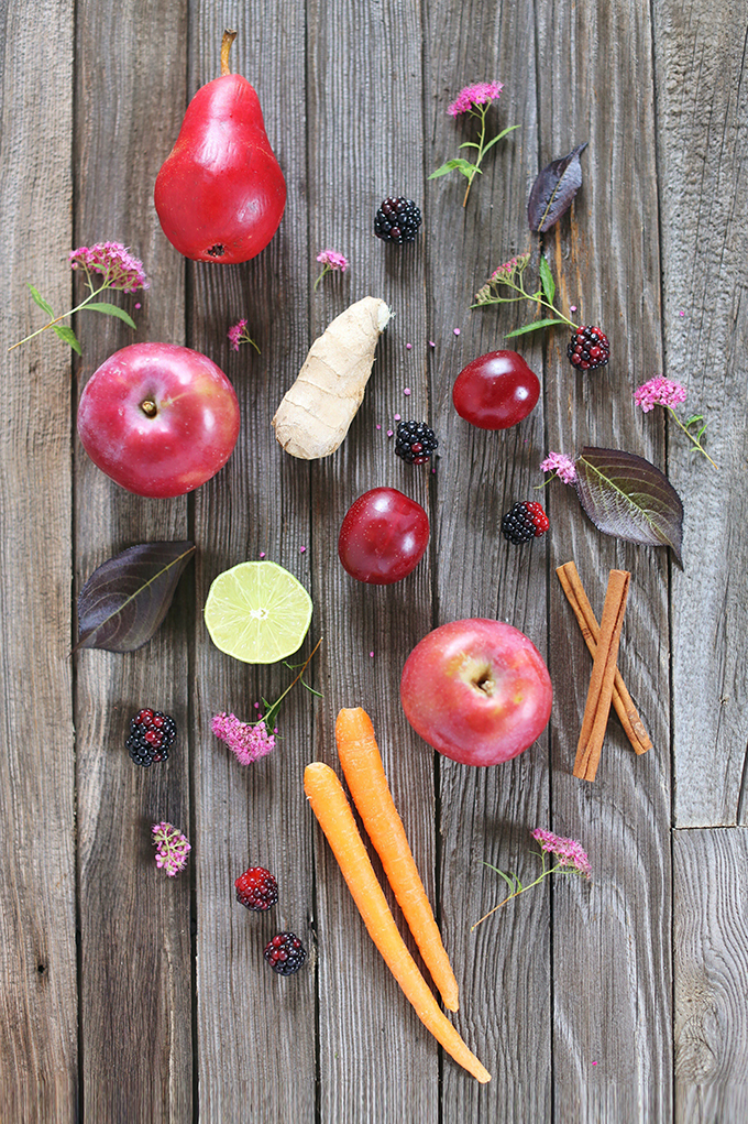 Radiant Red Juice Ingredients: Red Apples, Carrots, Red Pear, Red Plum, Ginger, Lime, CInnamon Stick // JustineCelina.com