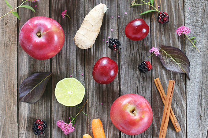 Radiant Red Juice Ingredients: Red Apples, Carrots, Red Pear, Red Plum, Ginger, Lime, CInnamon Stick // JustineCelina.com