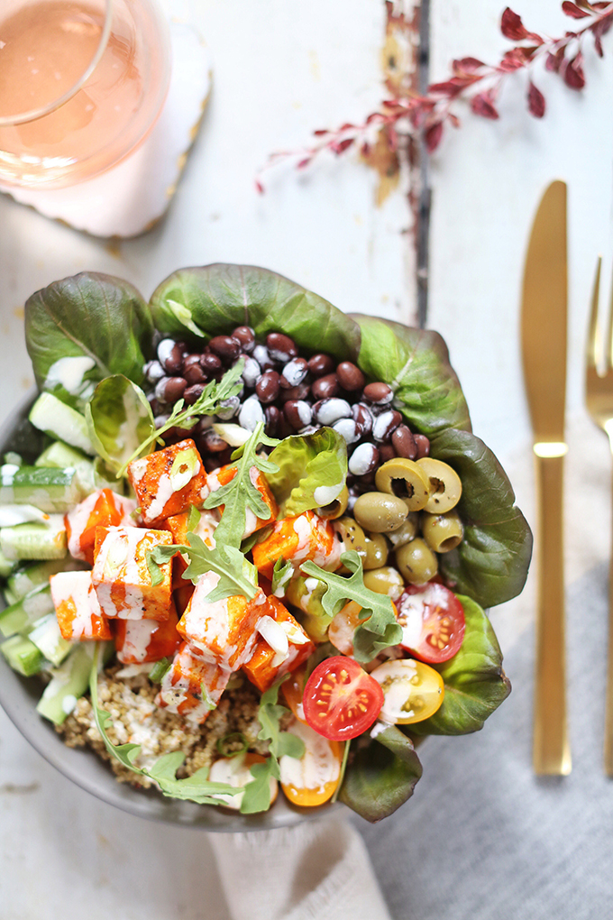 #Vegan Fiesta Buffalo Tofu Bowls with Tahini Lime Crema | #sponsored by Inspired Greens // JustineCelina.com