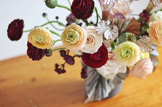 Bringing Autumn Flowers Into Your Home | A Moody, Autumn Arrangement including Ranunculus, // JustineCelina.com + Rebecca Dawn Design