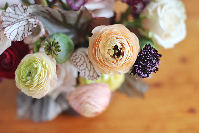  Bringing Autumn Flowers Into Your Home | A Moody, Autumn Arrangement including Ranunculus, Mother of Pearl Roses, Astrantia, Scabiosa, Saracena Lily, Poppy Pods and Angel Wings Begonia Leaves // JustineCelina.com + Rebecca Dawn Design 