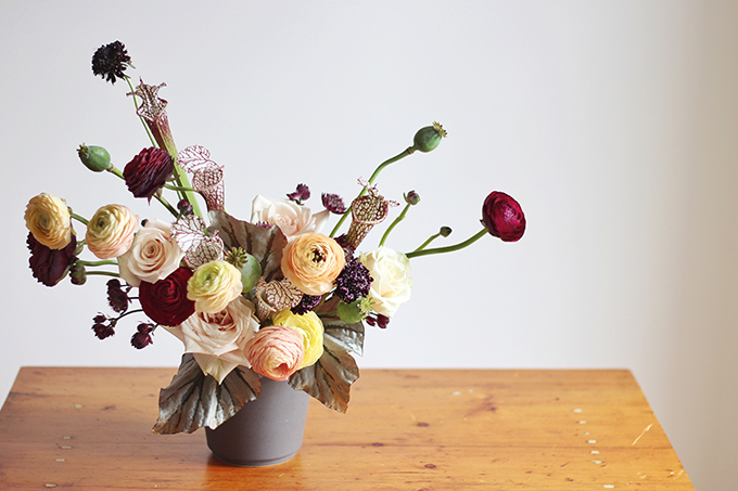 Bringing Autumn Flowers Into Your Home | A Moody, Autumn Arrangement including Ranunculus, // JustineCelina.com + Rebecca Dawn Design