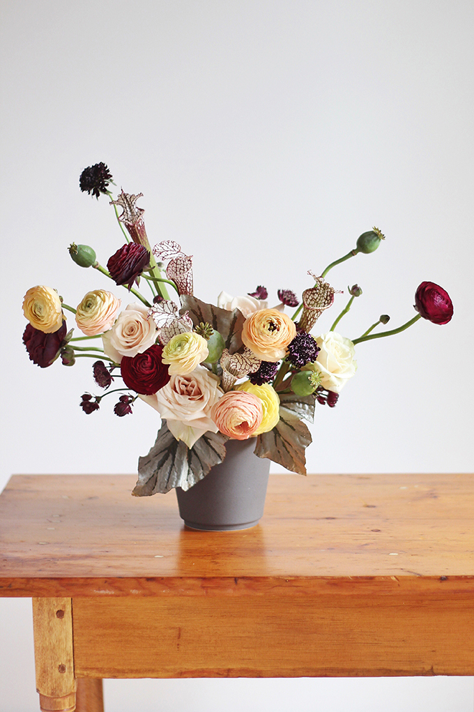 Bringing Autumn Flowers Into Your Home | A Moody, Autumn Arrangement including Ranunculus, // JustineCelina.com + Rebecca Dawn Design