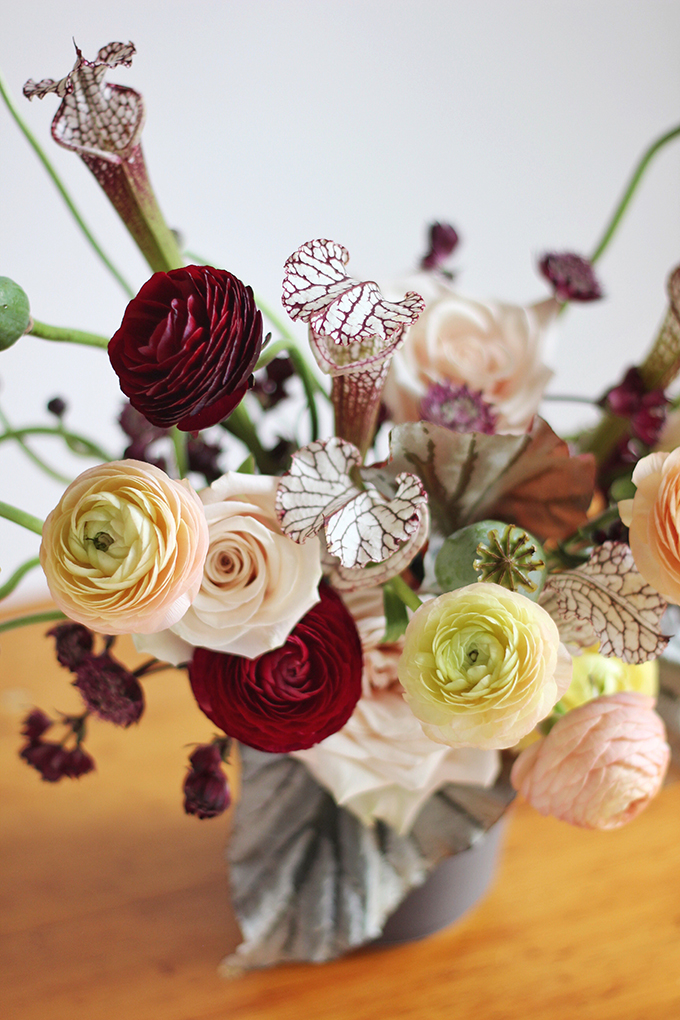 Bringing Autumn Flowers Into Your Home | A Moody, Autumn Arrangement including Ranunculus, // JustineCelina.com + Rebecca Dawn Design