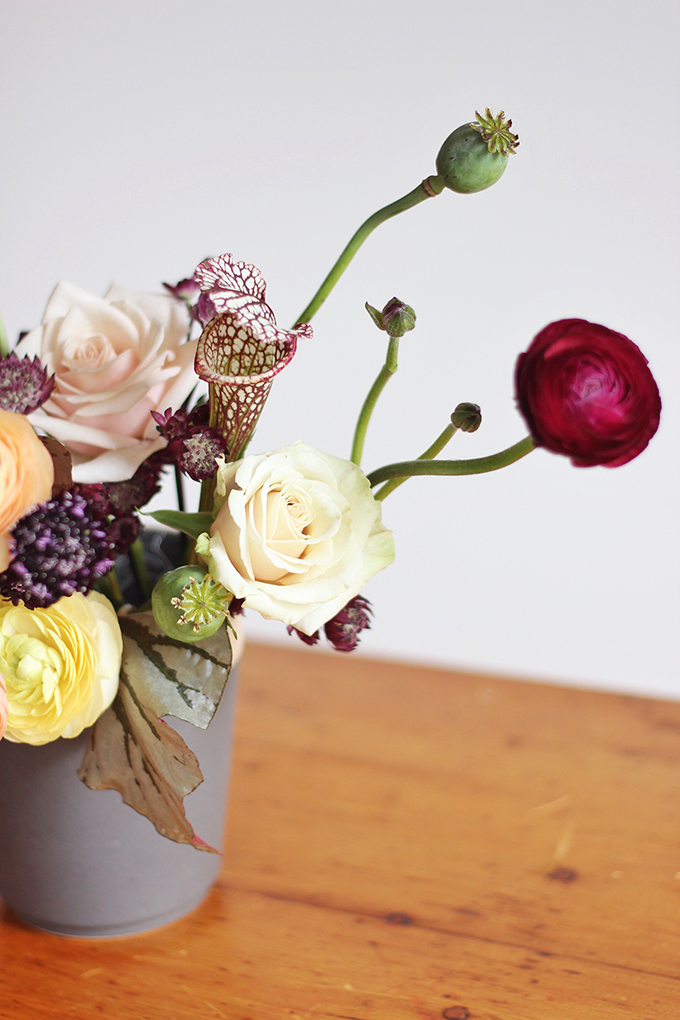 Bringing Autumn Flowers Into Your Home | A Moody, Autumn Arrangement including Ranunculus, // JustineCelina.com + Rebecca Dawn Design