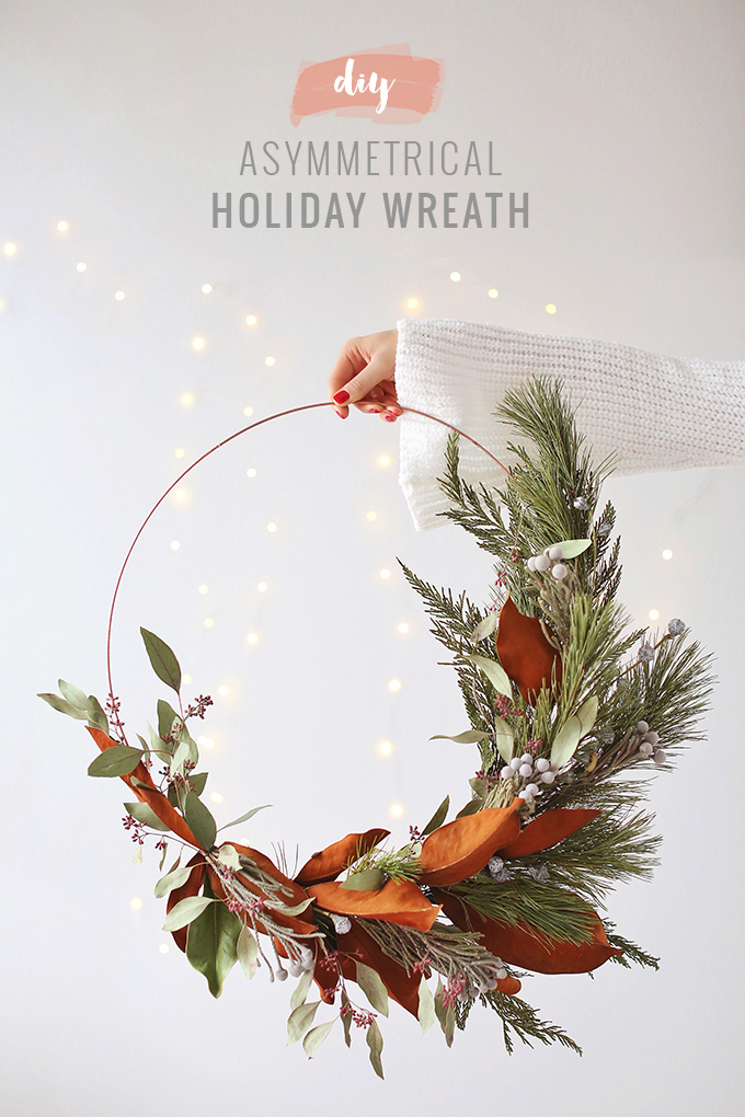 DIY | Asymmetrical Holiday Wreath | How to Make an Asymmetrical Holiday Wreaths for Christmas with Pine, Cedar, Brunia, Eucalyptus pods, Red Ironbark Eucalyptus and Magnolia | Christmas Wreath DIY | Modern Christmas Wreath DIY // JustineCelina.com