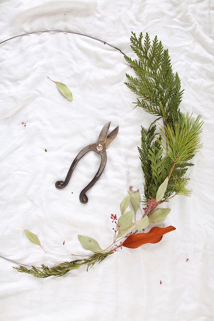 DIY | Asymmetrical Holiday Wreath | How to Make an Asymmetrical Holiday Wreaths for Christmas with Pine, Cedar, Brunia, Eucalyptus pods, Red Ironbark Eucalyptus and Magnolia | Christmas Wreath DIY | Modern Christmas Wreath DIY | Step by Step Tutorial // JustineCelina.com