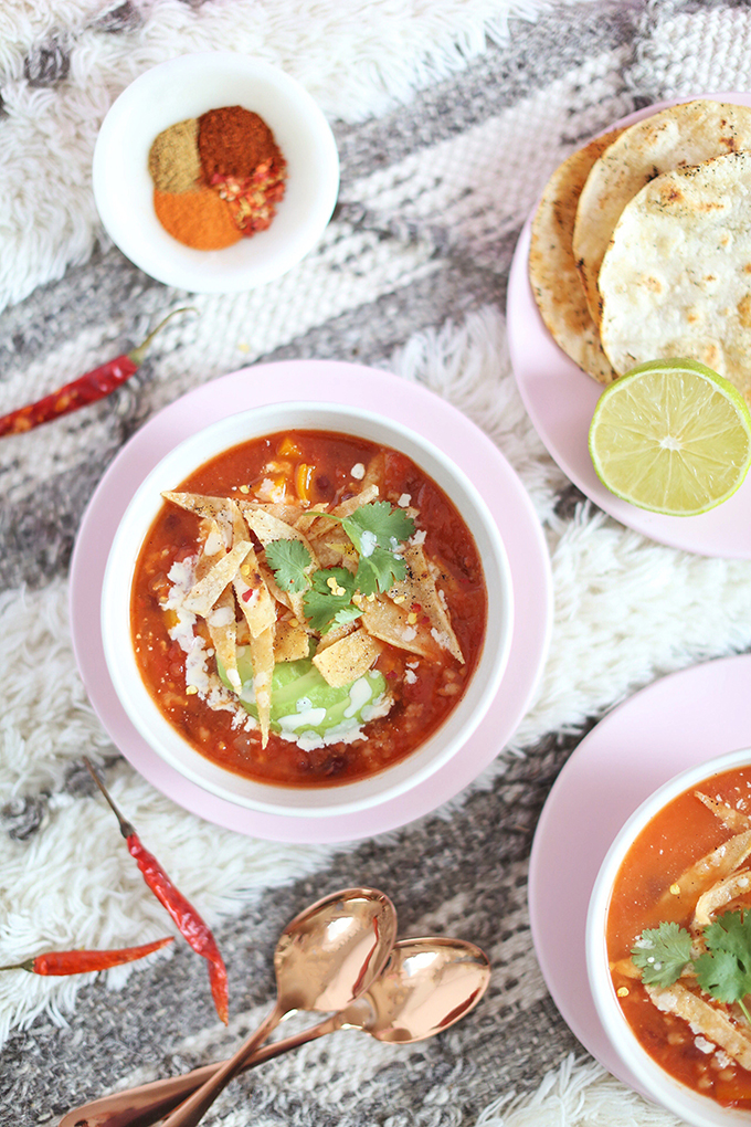 Vegan Slow Cooker Tortilla Soup with Winter Squash // JustineCelina.com