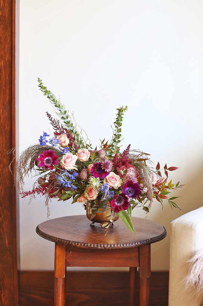 A PANTONE 2018 Ultra Violet Inspired Arrangement with Anemones, Spray Roses, Bella Donna, Dephinium, Astrantia, Astilbe, Sedum, Ruby Silk Grass, Nandina, Umbrella Fern and Knife blade Acacia // JustineCelina.com x Rebecca Dawn Design