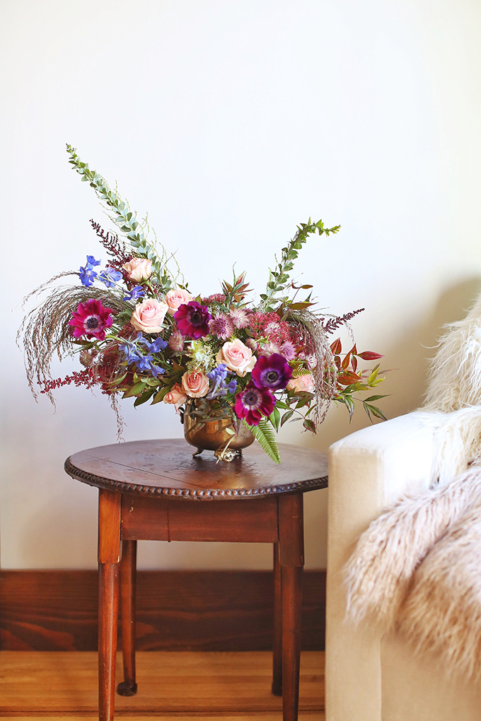 A PANTONE 2018 Ultra Violet Inspired Arrangement with Anemones, Spray Roses, Bella Donna, Dephinium, Astrantia, Astilbe, Sedum, Ruby Silk Grass, Nandina, Umbrella Fern and Knife blade Acacia // JustineCelina.com x Rebecca Dawn Design