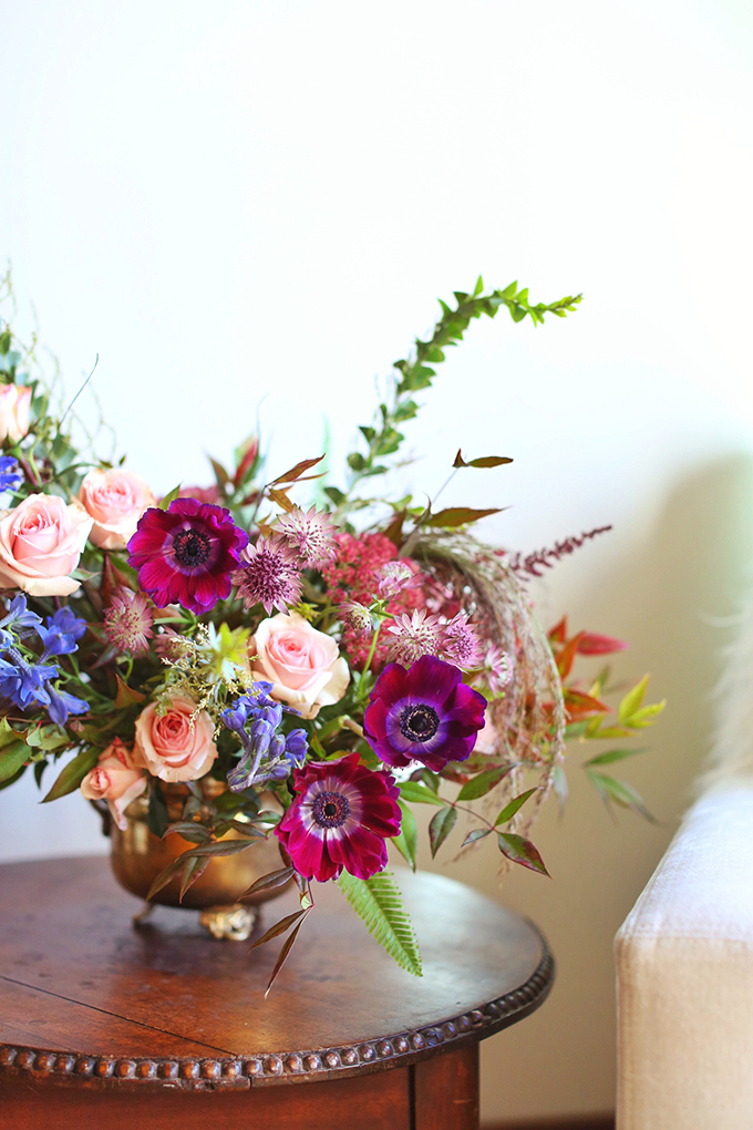 A PANTONE 2018 Ultra Violet Inspired Arrangement with Anemones, Spray Roses, Bella Donna, Dephinium, Astrantia, Astilbe, Sedum, Ruby Silk Grass, Nandina, Umbrella Fern and Knife blade Acacia // JustineCelina.com x Rebecca Dawn Design