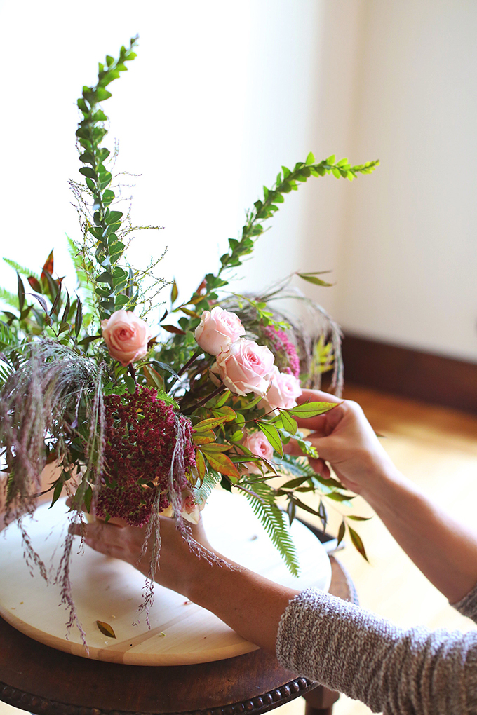 A PANTONE 2018 Ultra Violet Inspired Arrangement with Anemones, Spray Roses, Bella Donna, Dephinium, Astrantia, Astilbe, Sedum, Ruby Silk Grass, Nandina, Umbrella Fern and Knife blade Acacia | Step by Step Flower Arranging Guide // JustineCelina.com x Rebecca Dawn Design