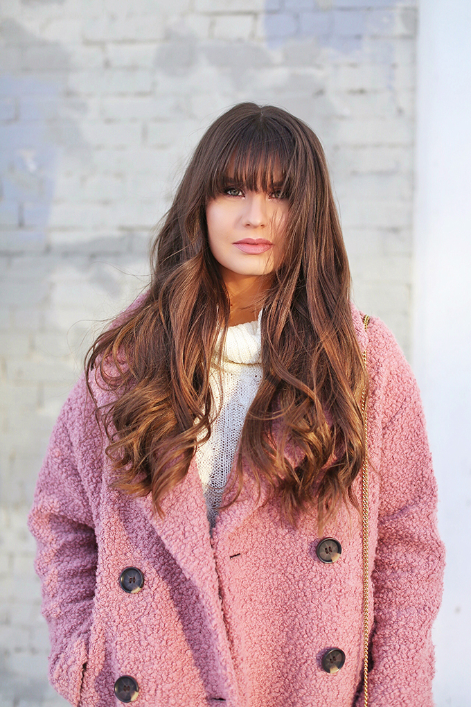 Blush Crush | How to Style Millennial Pink & Blush Hues | Winter / Spring 2018 | Topshop Alicia Boucle Wool Blend Coat Pink | NARS Velvet Lip Glide in Unlaced // JustineCelina.com