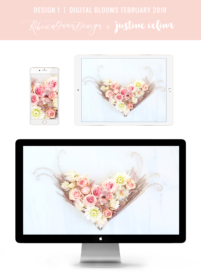 DIGITAL BLOOMS FEBRUARY 2018 | Free Blush Heart Floral Desktop Wallpapers for Valentine’s Day | Design 1 // JustineCelina.com x Rebecca Dawn Design