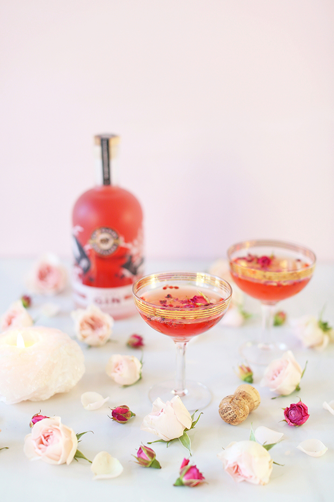 Rose Infused Cherry Gin Fizz | Featuring Eau Claire Distillery Artisanal Cherry Gin + The Silk Road Spice Merchant Rose Petals and Pink Peppercorns + Lamarca Prosecco | Calgary, Alberta Lifestyle + Food Blogger // JustineCelina.com
