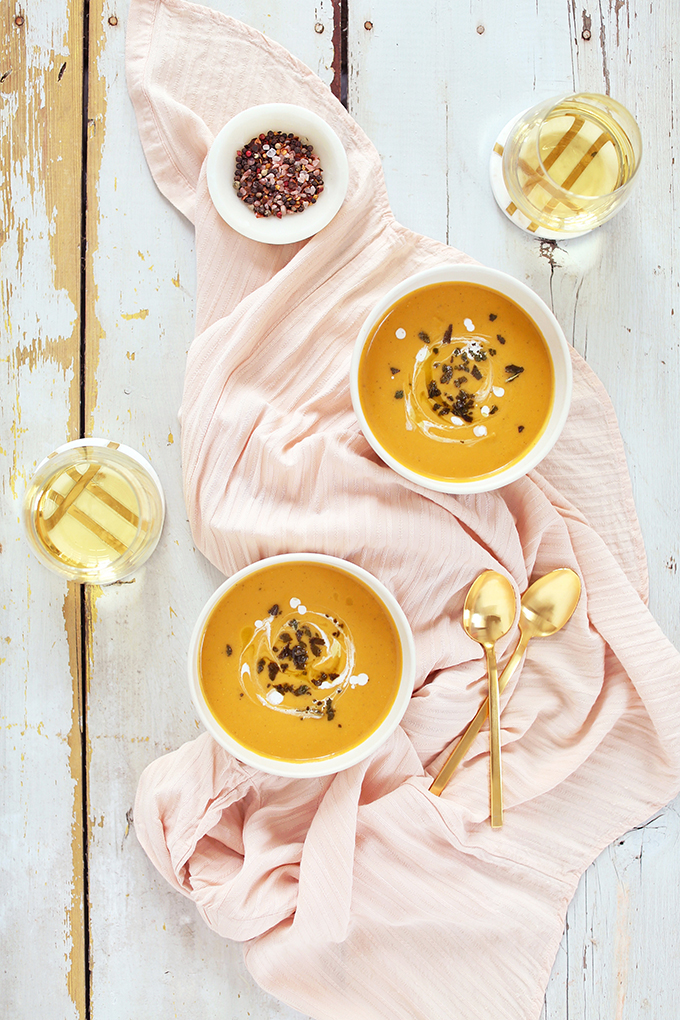 Truffled Butternut Squash Soup with Crispy Sage | Sofritto Calgary White Truffle Oil | #vegan #glutenfree #dairyfree // JustineCelina.com