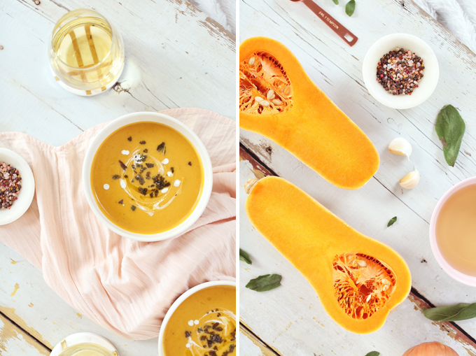 Truffled Butternut Squash Soup with Crispy Sage | Sofritto Calgary White Truffle Oil | #vegan #glutenfree #dairyfree // JustineCelina.com