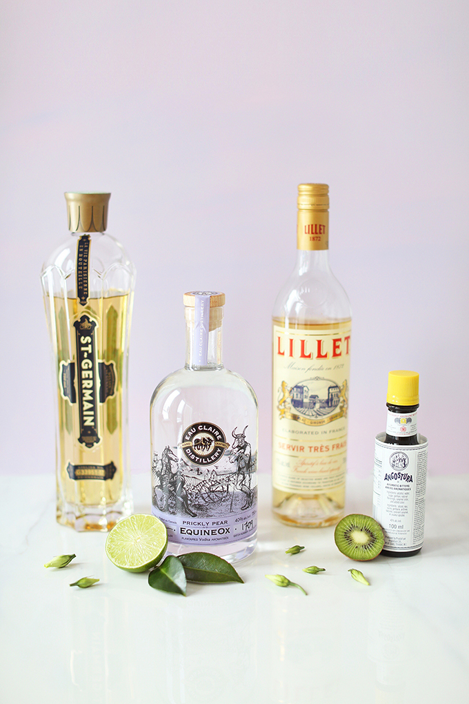 Spring Equinox Kiwi Elderflower Smash with St. Germain Liquer, Lillet Blanc, Angostura Bitters, Kiwi, Lime and Soda + Eau Claire Distillery Prickly Pear EquineOx Giveaway! // JustineCelina.com