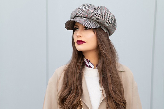 How to Style Transitional Layers | Winter to Spring 2018 Transitional Style Ideas for Cooler Climates | Plaid Baker Boy Hat | Huda Beauty Liquid Matte Lipstick in Famous | Calgary, Alberta Fashion Blogger // JustineCelina.com
