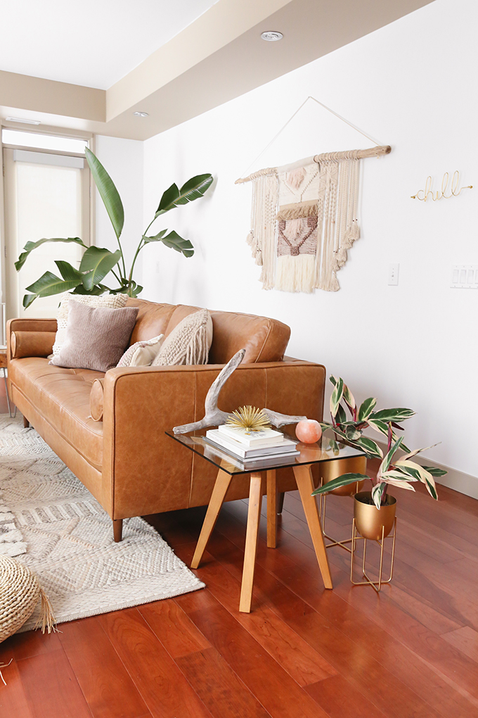 Our Living Room Furniture + $250 Structube #Giveaway | Structube KINSEY 100% Leather Sofa in Caramel | A Bohemian, Mid Century Modern Apartment in Calgary, Alberta, Canada | Justine Celina Maguire Living Room // JustineCelina.com