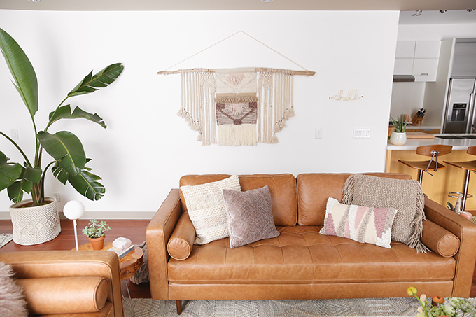 Our Living Room Furniture + $250 Structube #Giveaway | Structube KINSEY 100% Leather Sofa in Caramel | A Bohemian, Mid Century Modern Apartment in Calgary, Alberta, Canada | Justine Celina Maguire Living Room // JustineCelina.com