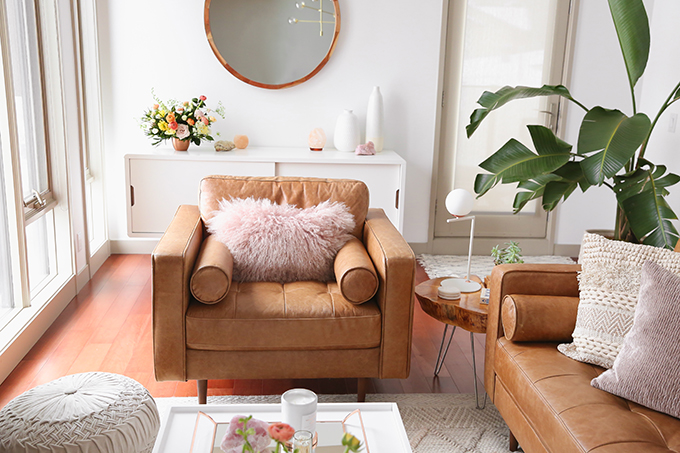 Our Living Room Furniture + $250 Structube #Giveaway | Structube KINSEY 100% Leather Armchair in Caramel | A Bohemian, Mid Century Modern Apartment in Calgary, Alberta, Canada | Justine Celina Maguire Living Room // JustineCelina.com