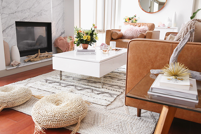 Our Living Room Furniture + $250 Structube #Giveaway | Structube KINSEY 100% Leather Armchair in Caramel | A Bohemian, Mid Century Modern Apartment in Calgary, Alberta, Canada | Justine Celina Maguire Living Room // JustineCelina.com