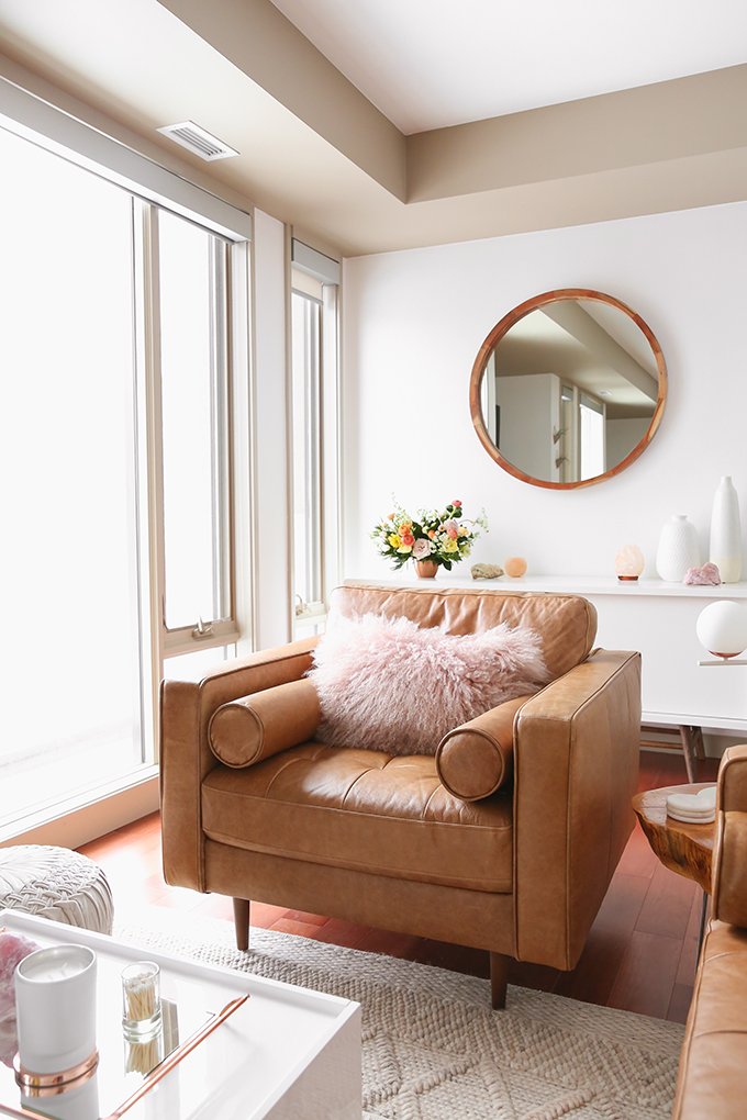 Our Living Room Furniture + $250 Structube #Giveaway | Structube KINSEY 100% Leather Armchair in Caramel | A Bohemian, Mid Century Modern Apartment in Calgary, Alberta, Canada | Justine Celina Maguire Living Room // JustineCelina.com