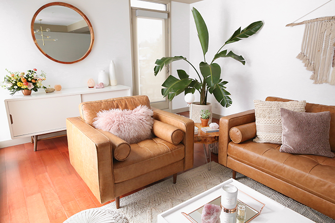 Our Living Room Furniture + $250 Structube #Giveaway | Structube KINSEY 100% Leather Armchair in Caramel | A Bohemian, Mid Century Modern Apartment in Calgary, Alberta, Canada | Justine Celina Maguire Living Room // JustineCelina.com