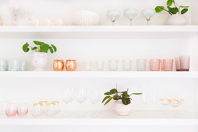 Kitchen / Dining Room / Bar Reveal in Partnership with HomeSense Canada | IKEA Lack Shelves Styled with Glassware for a Built In Bar Look | A Bohemian, Mid Century Modern Apartment in Calgary, Alberta, Canada // JustineCelina.com